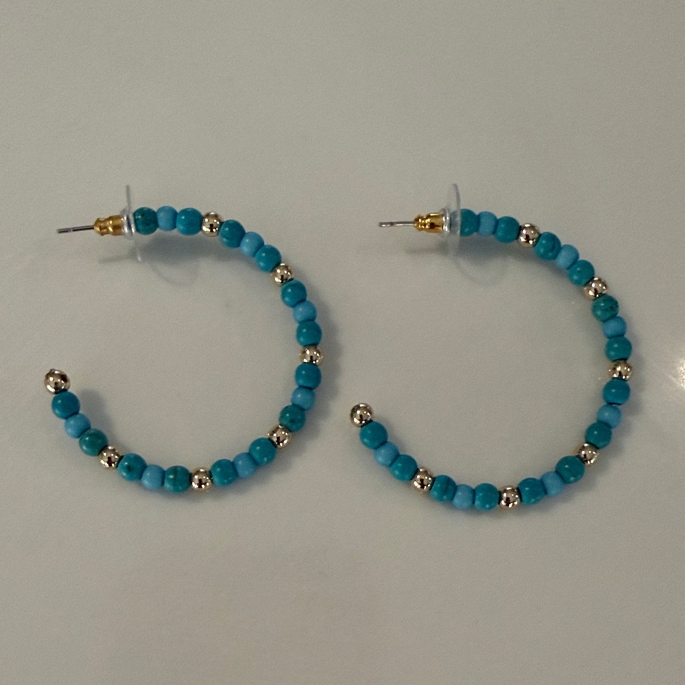 Jessica Simpson Blue and Gold Beaded Hoop Earrings